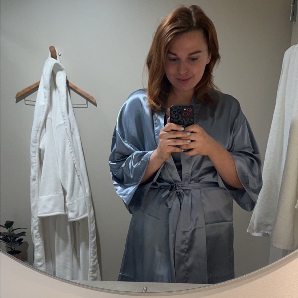 Silky Blue Kimono Robe with Belt - Picture 6 of 6